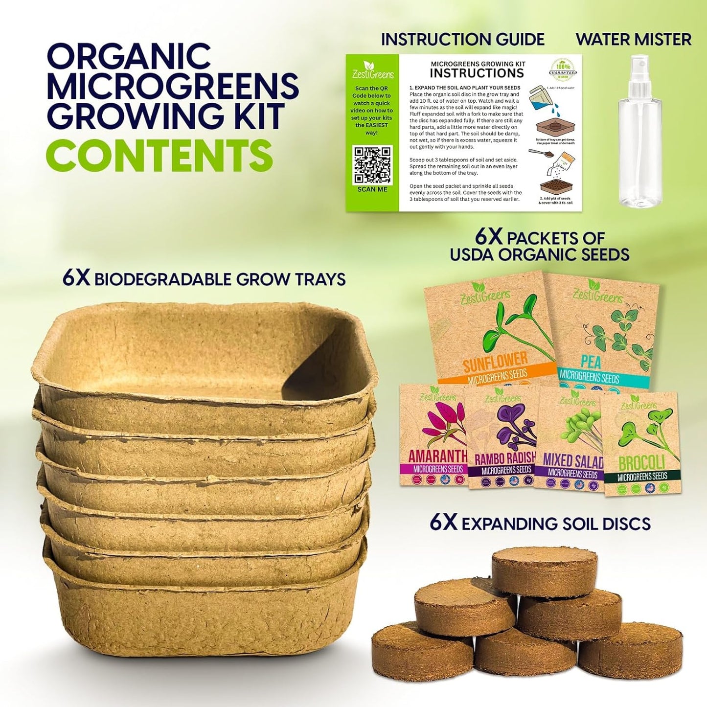 Complete Microgreens Growing Kit with 6 of The Most Popular Seed Varietes to Grow Nutritious Microgreens at Home.