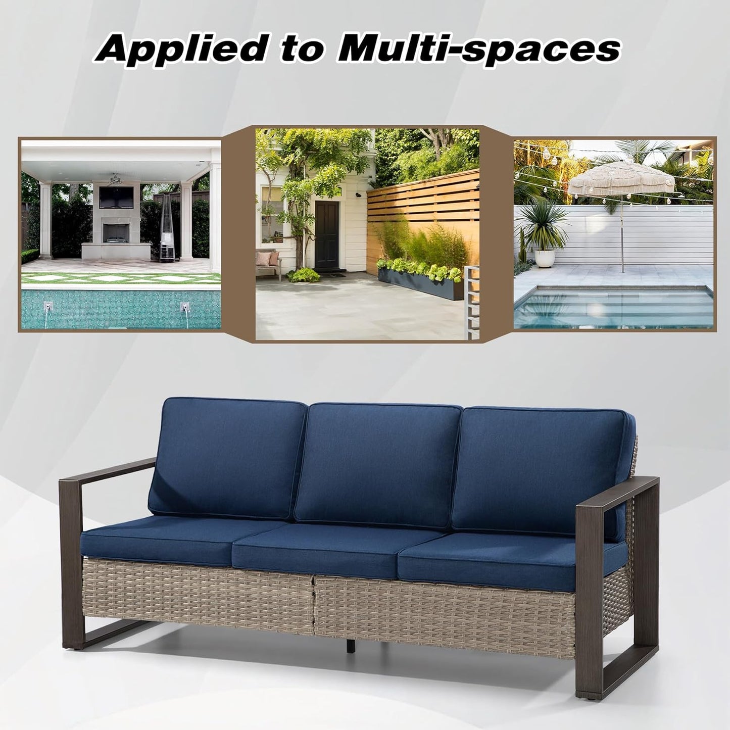 Joyside Outdoor Patio Wicker Sofa, 3-Seater Rattan Sofa with Thick Olefin Cushions and Metal Steel Rectangular Framed Armrest -Looking Metal Armrest Suitable for Garden, Backyard, Porch, Deck (Blue)