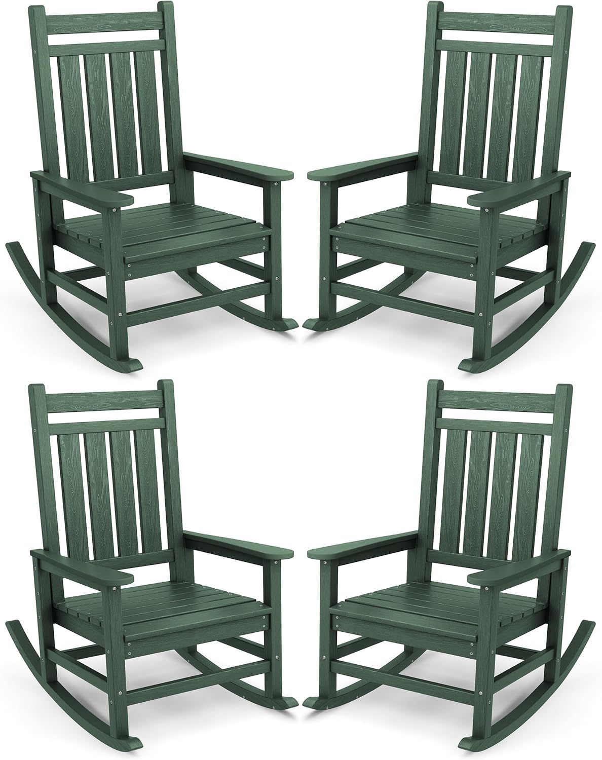 SERWALL Oversized Outdoor Rocking Chair Set of 4, HDPE Rocker for Adults, Patio Rocking Chairs for Porch, Green