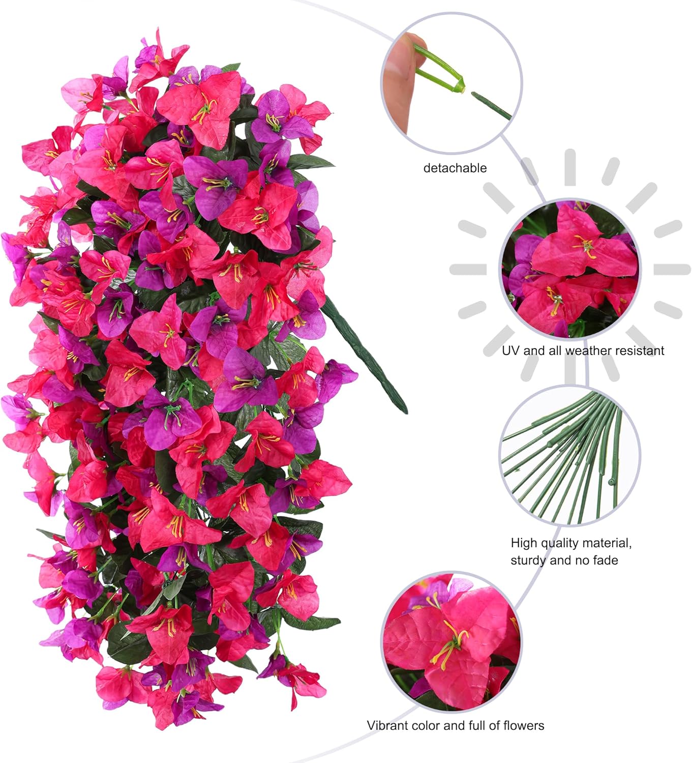 Bougainvillea Artificial Hanging Flowers Plants for Outdoors Decoration, 2pcs Fake Flowers Silk Bougainvillea Vines Realistic UV Resistant Faux Flowers for Outdoor Planters Porch Patio, Mix