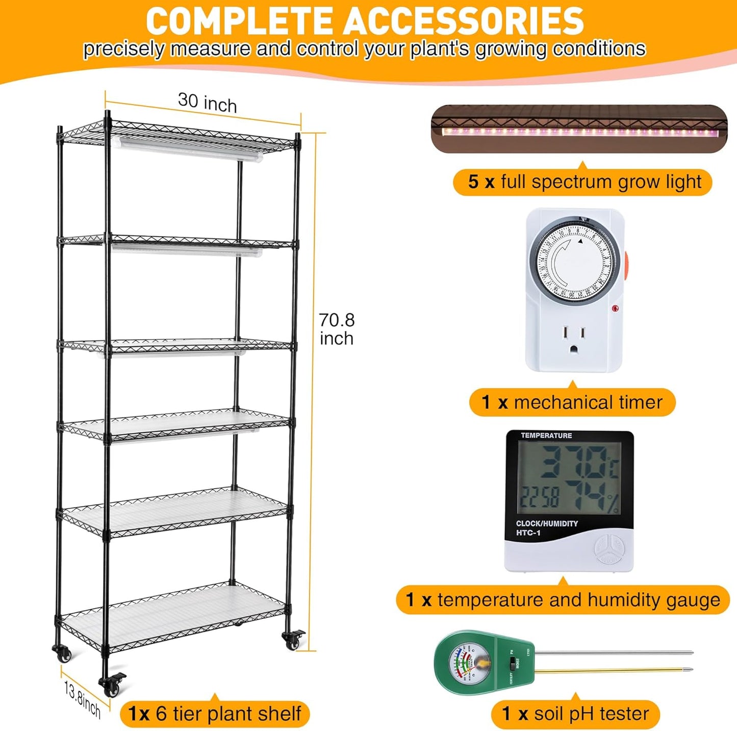 Meonum Plant Shelf with Grow Lights, 6 Tier DIY Metal Grow Rack with 90W LED Growing Lamps for Seed Starting, Indoor Greenhouse with Cover, Mechanical Timer, Thermometer, pH Meter, PP Waterproof Pads