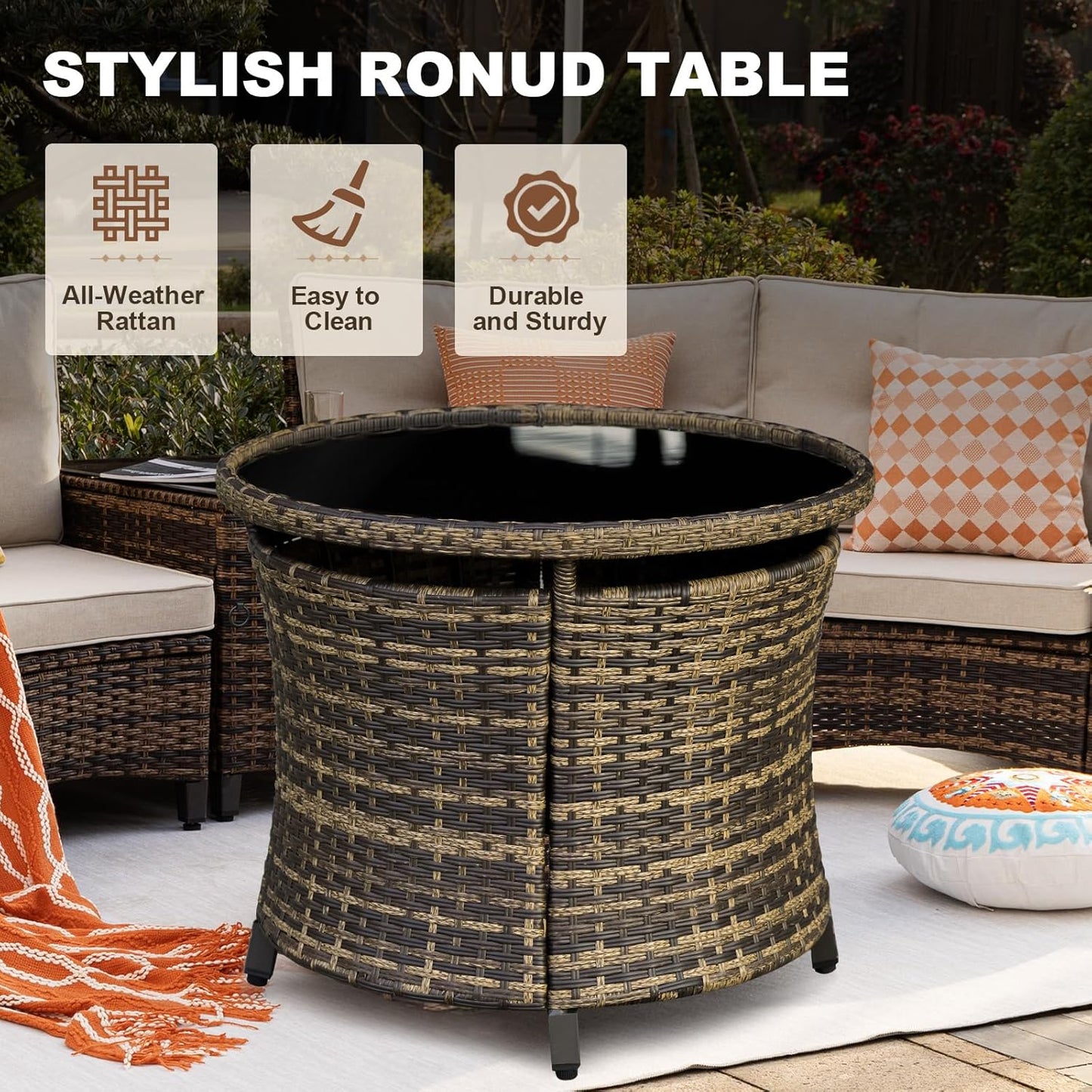 8 Piece Outdoor Patio Furniture Set, Half-Moon Curved Sectional Set with Wood Armrests, Patio Conversation Set, 2 Half-Moon Ottomans, Round Table & Side Table (Brown)