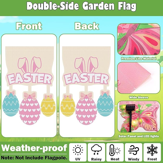 12 Set Seasonal Garden Flags 8 Modes Solar LED Double Sided 12 x 18 Inch Small Yard Flag Outdoor Lighted Spring Summer Easter Graduation Memorial Day Garden Decor for All Seasons, 12 Styles