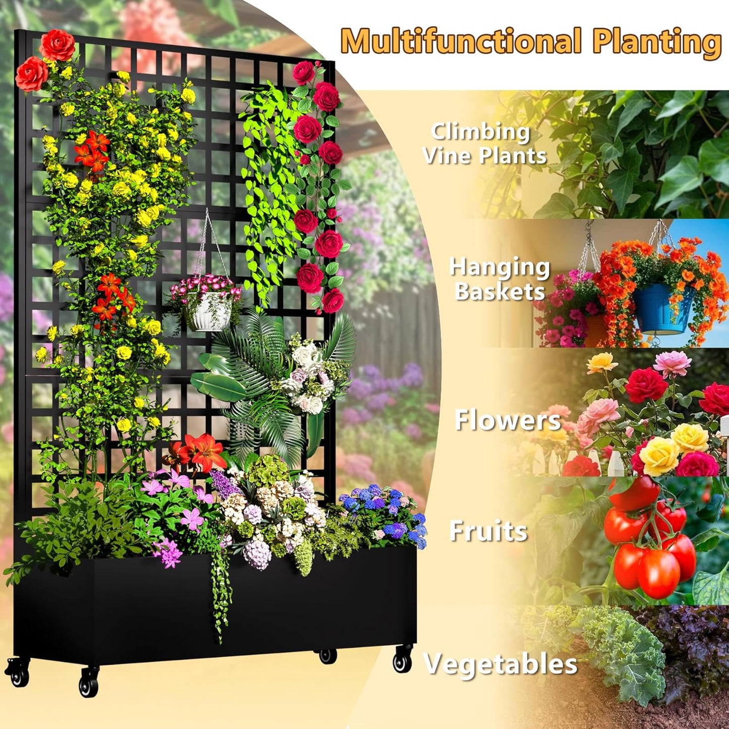 Metal Planter Box with Trellis, 72.1"x47.2"x16" Galvanized Raised Garden Bed with Privacy Screen & Drainage Holes & Lockable Casters for Climbing Plants, Flower, Vegetable (Black-Grid)