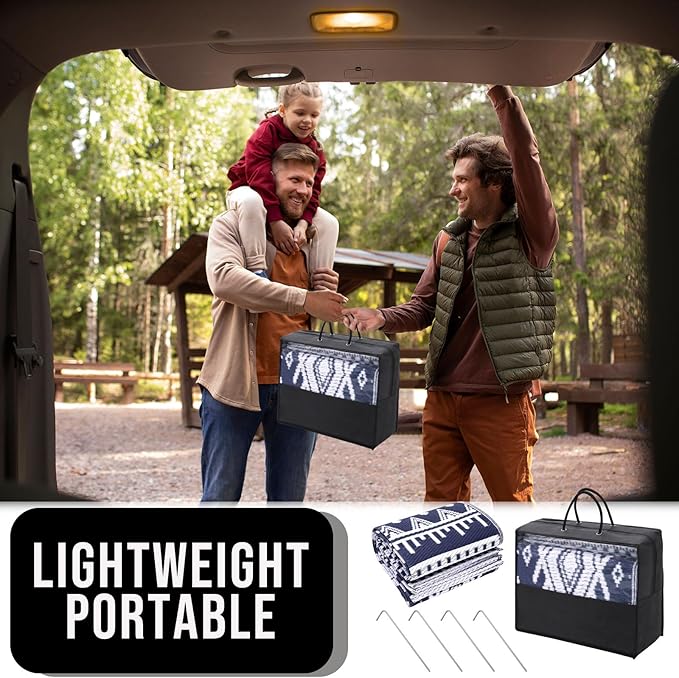 OLANLY Outdoor Rug Waterproof 9x12 ft, Reversible Outdoor Plastic Straw Rug, Boho Patio Rug, Indoor Outdoor Carpet, RV Mat Outside for Patio, Camp, Picnic, Balcony, Deck, Backyard, Navy & White