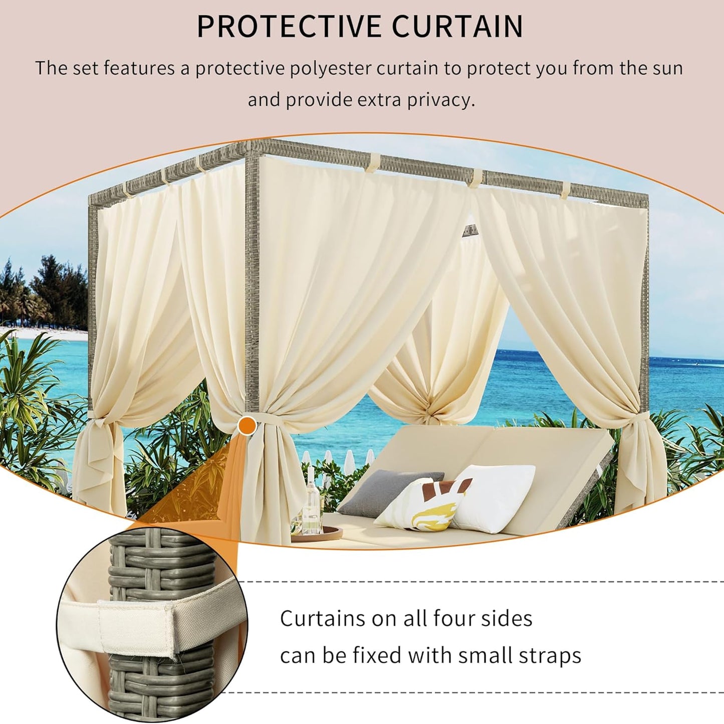 Patio Chaise Lounge,PE Rattan Outdoor Patio Wicker Adjustable Outdoor Sun Bed with Four-sided Canopy and Comfortable Beige Cushion – Versatile Use for Patio, Garden, and Poolside