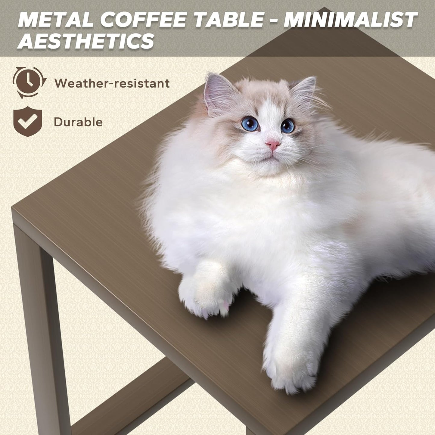 Outdoor Metal Side Table - 20"x 20" Small Square Coffee Table Patio Bistro Set Ideal Match for Patio Furniture, Wood-Looking Brown