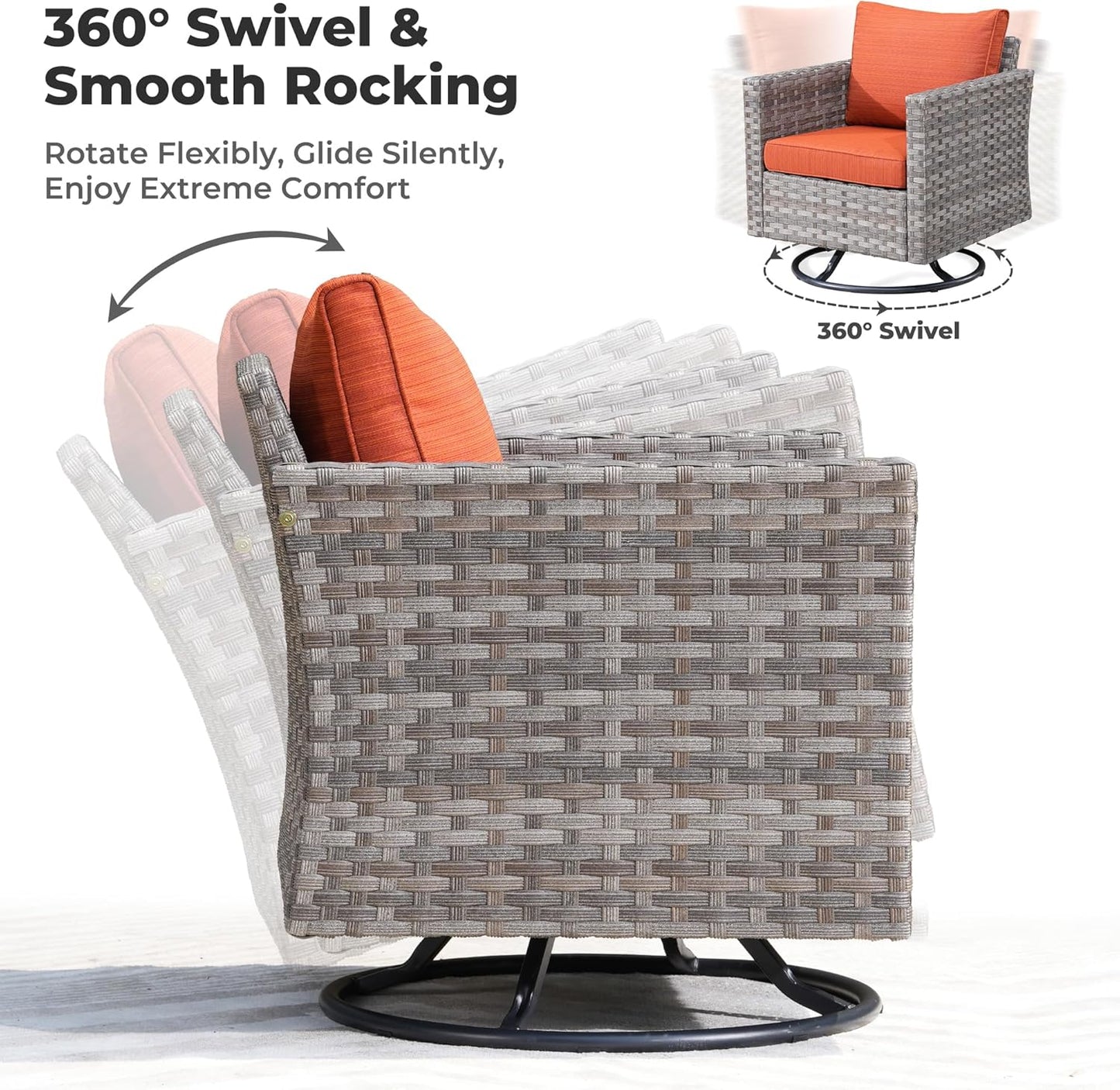 ovios 9 Pieces Patio Furniture Set, Outdoor Wicker Sectional Sofa with 42" Firepit Table Swivel Chair, Modern Modular Deep Seat Rattan Couch Conversation Sets, Orange Red