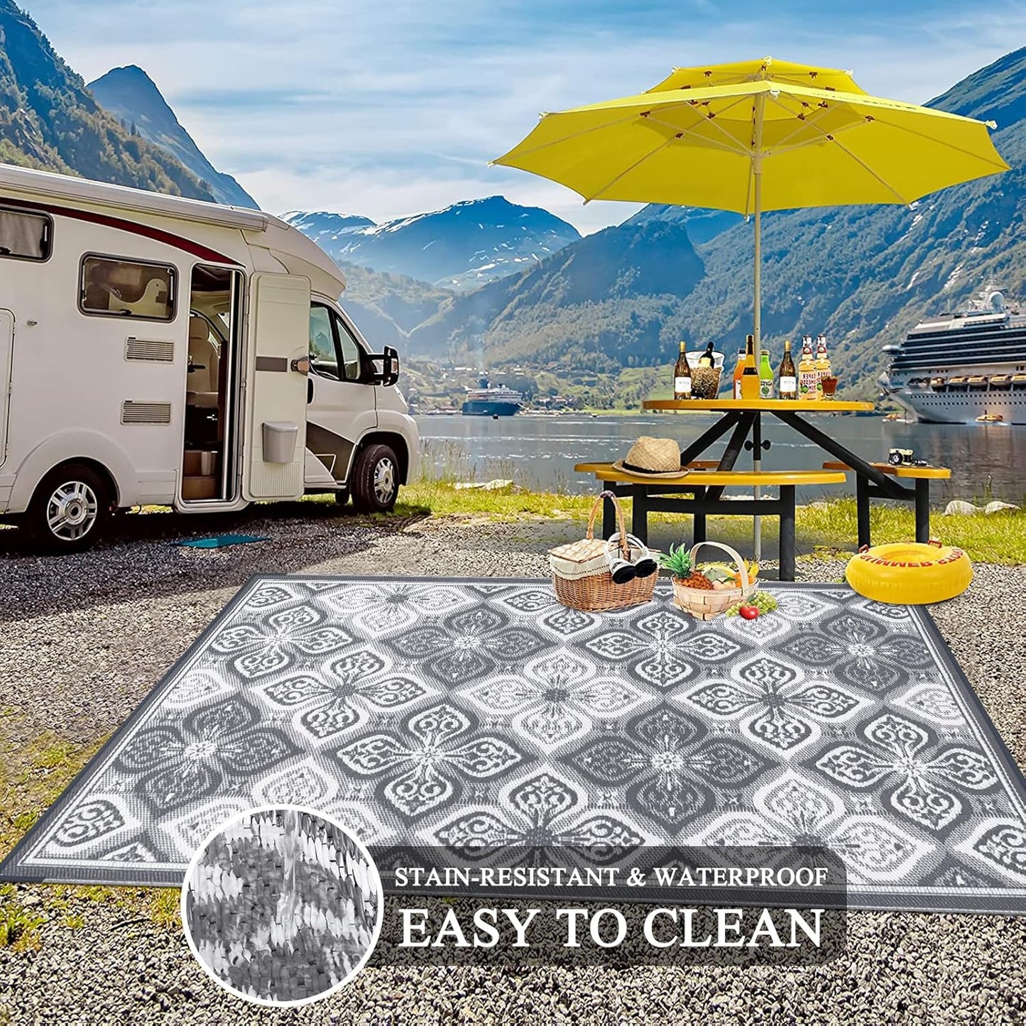 Pauwer Reversible Outdoor Rug, 6'x9', Waterproof, Polypropylene, Clover Grey, Area Rug for Patio, RV, Camping, Picnic, Backyard, Deck, Balcony, Porch