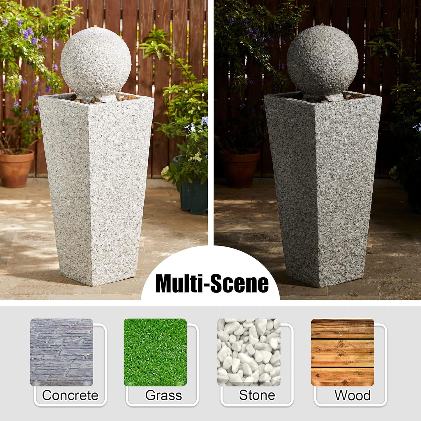 Glitzhome Outdoor Water Fountain with LED Light, Modern Oversized Sphere Pedestal Water Fountain with Submersible Pump, Modern Geometric Outdoor Fountains for Garden Patio Porch, 40.25" H