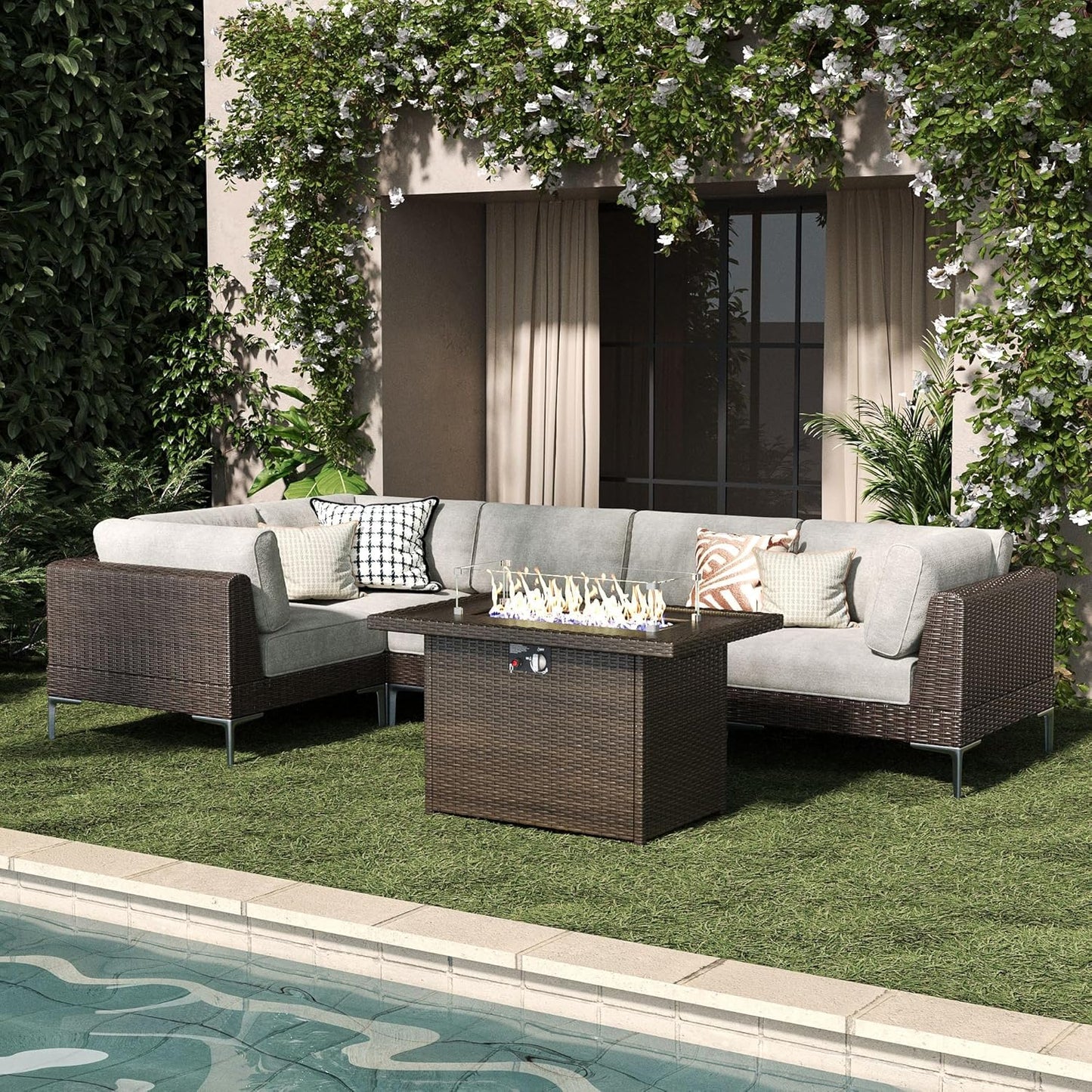 LayinSun 6-Piece Outdoor Modular Wicker Sectional Sofa with Fire Pit Table, Patio Furniture Conversation Set with Deep Seating and Thick Cushions