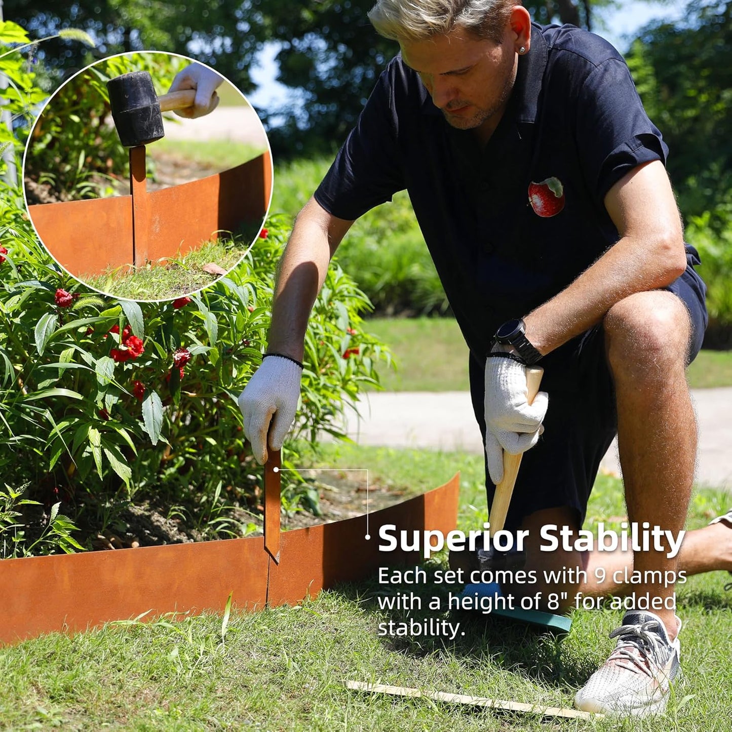 Solution4Patio 6-Pack Corten Steel Garden Landscape Edging with 7X Clips, 8" H Hammer-in Heavy Duty Bendable Metal Pre-Rusted Border Edging Strips for Lawn, Yard (20ft Total)