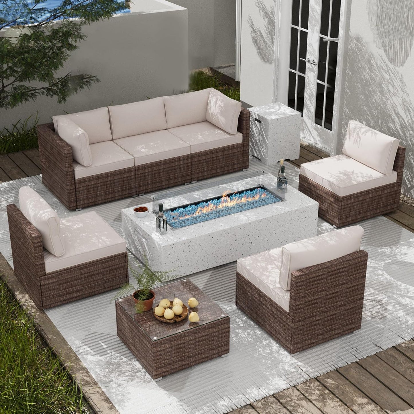8 Piece Patio Furniture Set - Outdoor Conversation Sets with 56" Fire Table and Coffee Table, Rattan Modular Sofa Set for Garden/Poolside, Beige/Brown