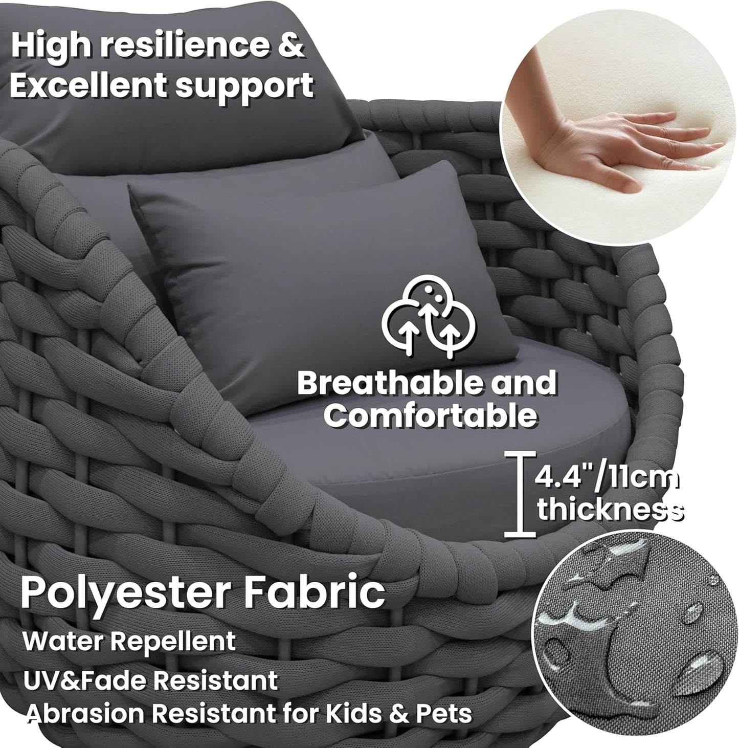 4 Pieces Courtyard Seating Set: Aluminum Woven Rope Patio Furniture Chair Set - All Weather Metal Outdoor Conversation Set - Assembled Armchair w/Table for Bistro Deck Porch Balcony, Dark Grey