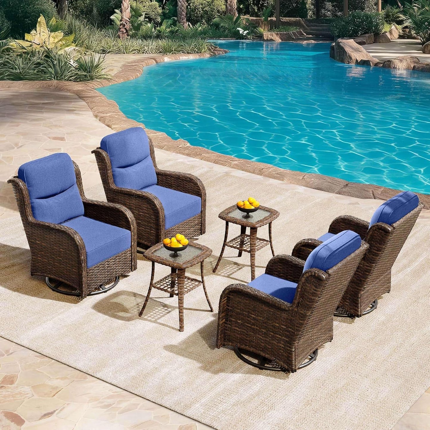 HILLGA Luxury Patio Furniture Set with 6-Inch Thick Cushions, High Back Outdoor Swivel Rocker Chairs and Table, 6-Piece All Weather Conversation Set for Porch Deck Balcony Yard, Blue (V3)