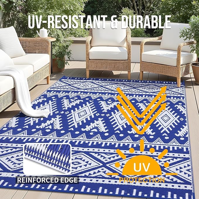 OLANLY Outdoor Rug Waterproof 9x18 ft, Reversible Outdoor Plastic Straw Rug, Boho Patio Rug, Indoor Outdoor Carpet, RV Mat Outside for Patio, Camp, Picnic, Balcony, Deck, Backyard, Blue & White