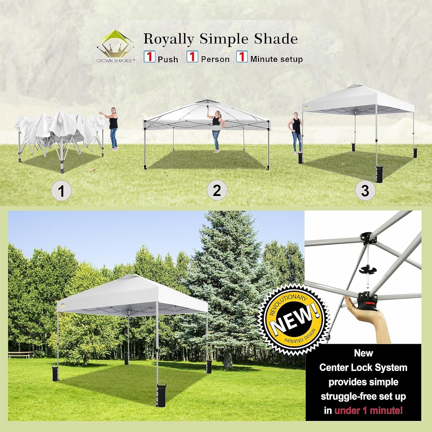 CROWN SHADES 10x10 Pop Up Canopy - Beach Tent with One Push Setup - Easy Outdoor Sun Shade for Events, Parties, Camping - Gazebo with STO-N-Go Cover Bag, Silver Coated Top, Grid White
