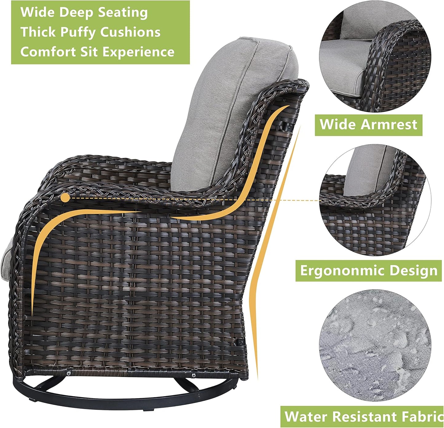 Outdoor Patio Swivel Rocker Chairs - 3 Piece Patio Bistro Set,Wicker Patio Furniture Set with 2 Swivel Rocking Chairs and 1 Glass Top Side Table for Deck Porch Garden,rown/Grey