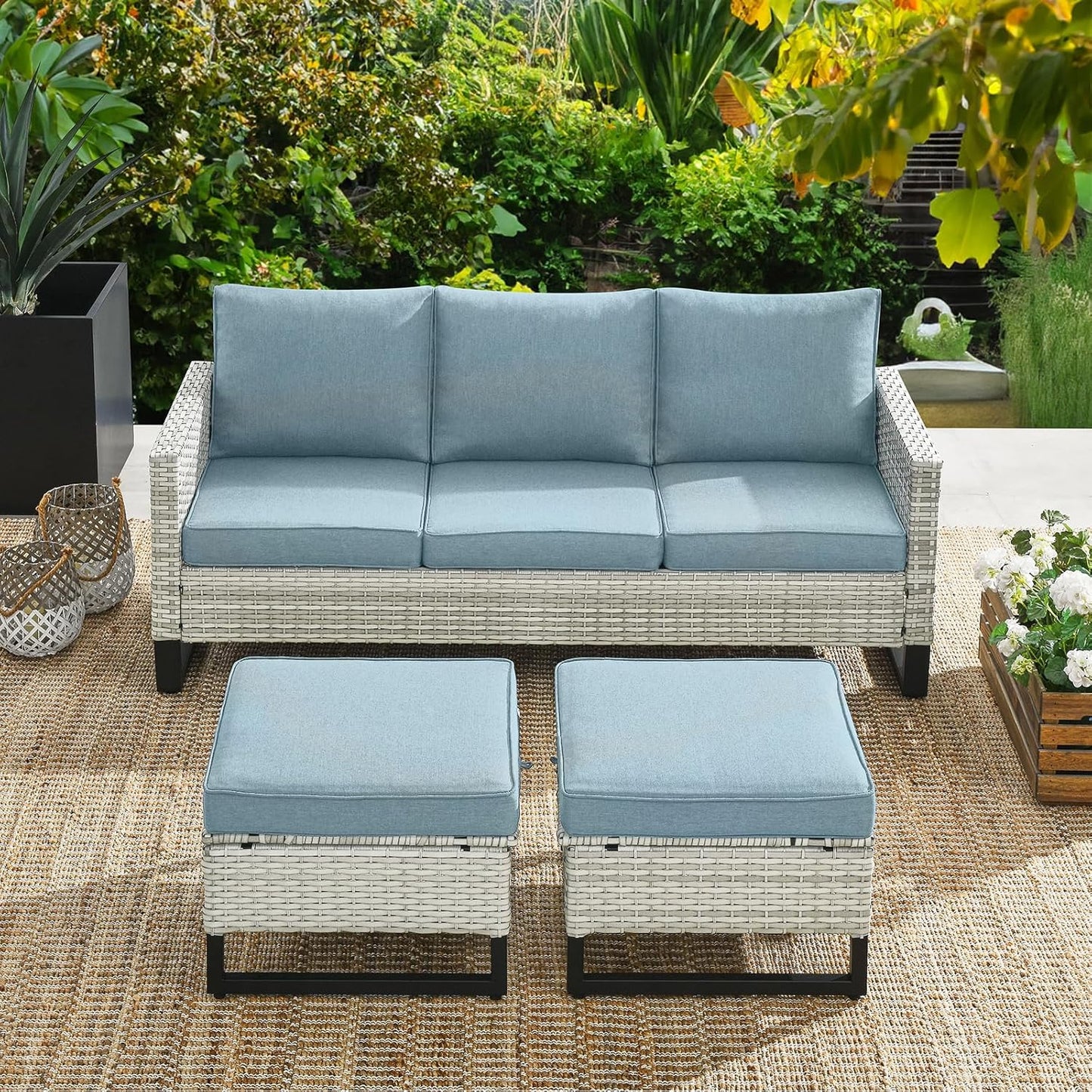 HUMMUH 5 Piece Patio Furniture All Weather Wicker Outdoor Sectional Sofa,High Back Patio Chairs,Coffee Table and Ottomans Set for Porch,Garden,Backyard