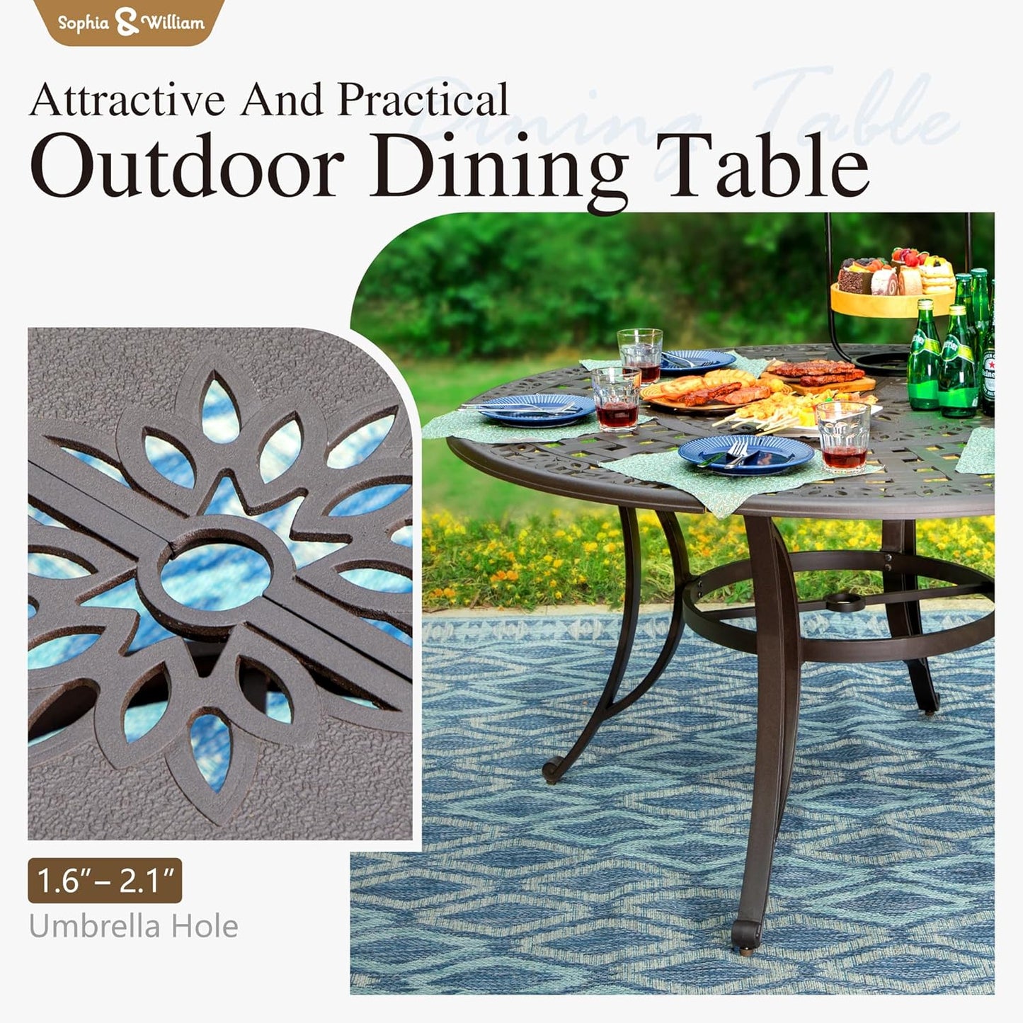 Sophia & William 7 Pieces Cast Aluminium Patio Dining Furniture Set for 6, Outdoor Swivel Rocking Chairs and Round Table with 2.2" Umbrella Hole for Porch Backyard Deck, Bronze