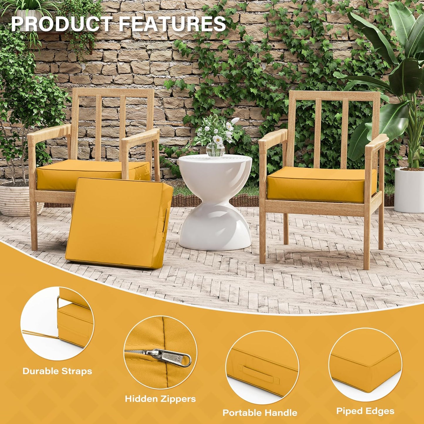 Patio Chair Cushions 18.5 X 16 X 4 Inch Waterproof Outdoor Seat Cushions for Patio Furniture, Outdoor Sofa Couch Pads with Ties & Handle, Set of 2, Yellow