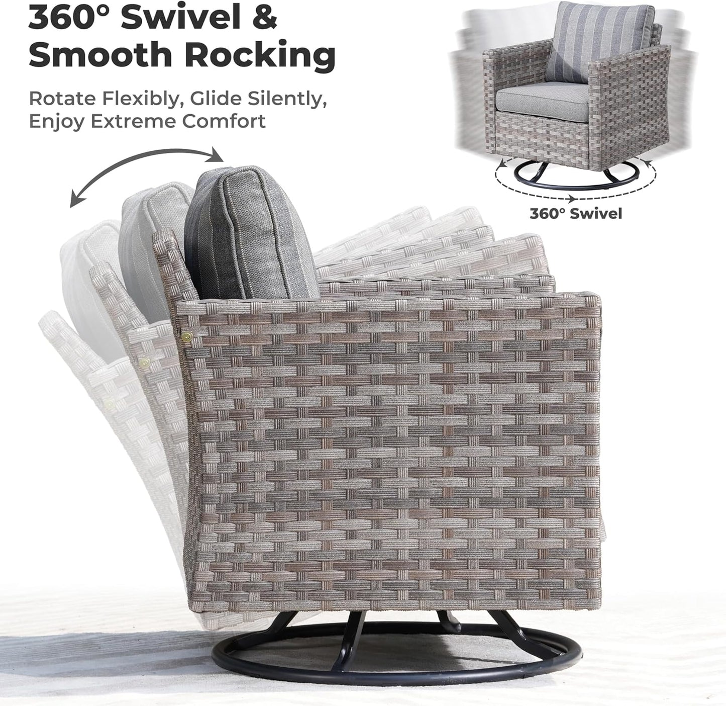 ovios 10 Pieces Patio Furniture Set, Outdoor Wicker Sectional Sofa with 54" Fire Pit Table Swivel Chairs, Modern Modular Deep Seat Rattan Couch Conversation Sets, Dark Gray Stripe