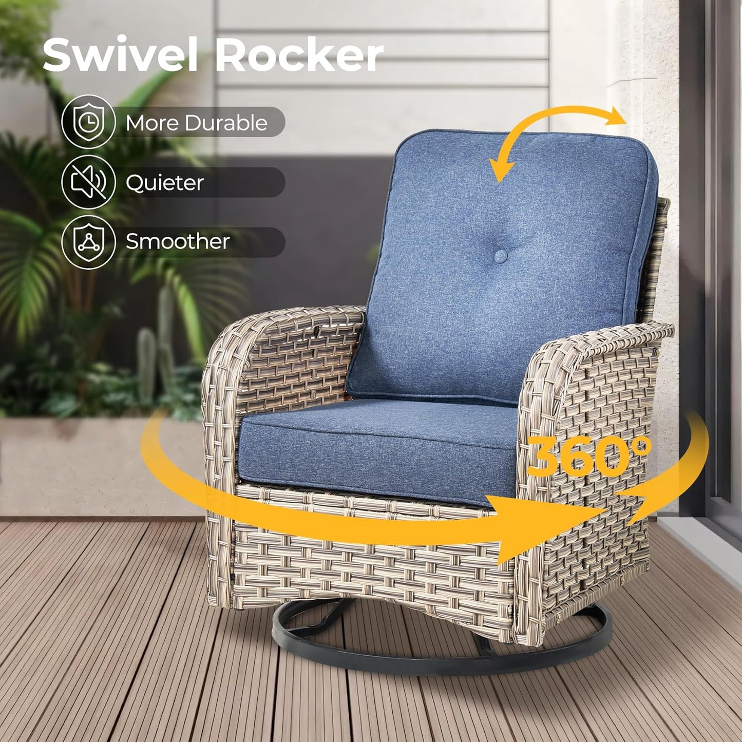 HOOOWOOO Outdoor Sectional Patio Furniture Set with Fire Pit Table,9 Pieces Wicker Conversation Sets,Extra Deep Out Door Sofa Outside Furniture Couch Swivel Chairs Ottoman,Denim Blue