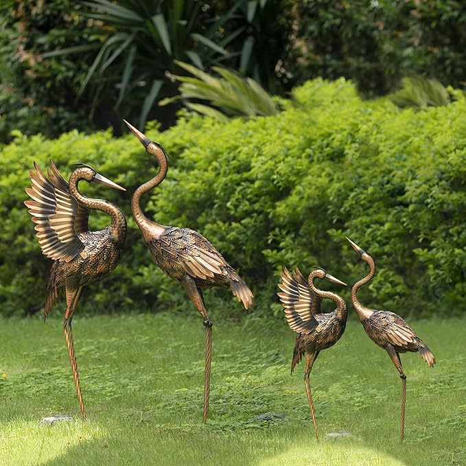 TERESA'S COLLECTIONS Yard Decorations Outdoor Garden Statues, Brass Metal Crane Yard Art, 33-39inch Lawn Ornaments for Backyard, Outside Porch, Patio, Wedding Decor,Set of 2,Spring Decor,Gifts for Mom