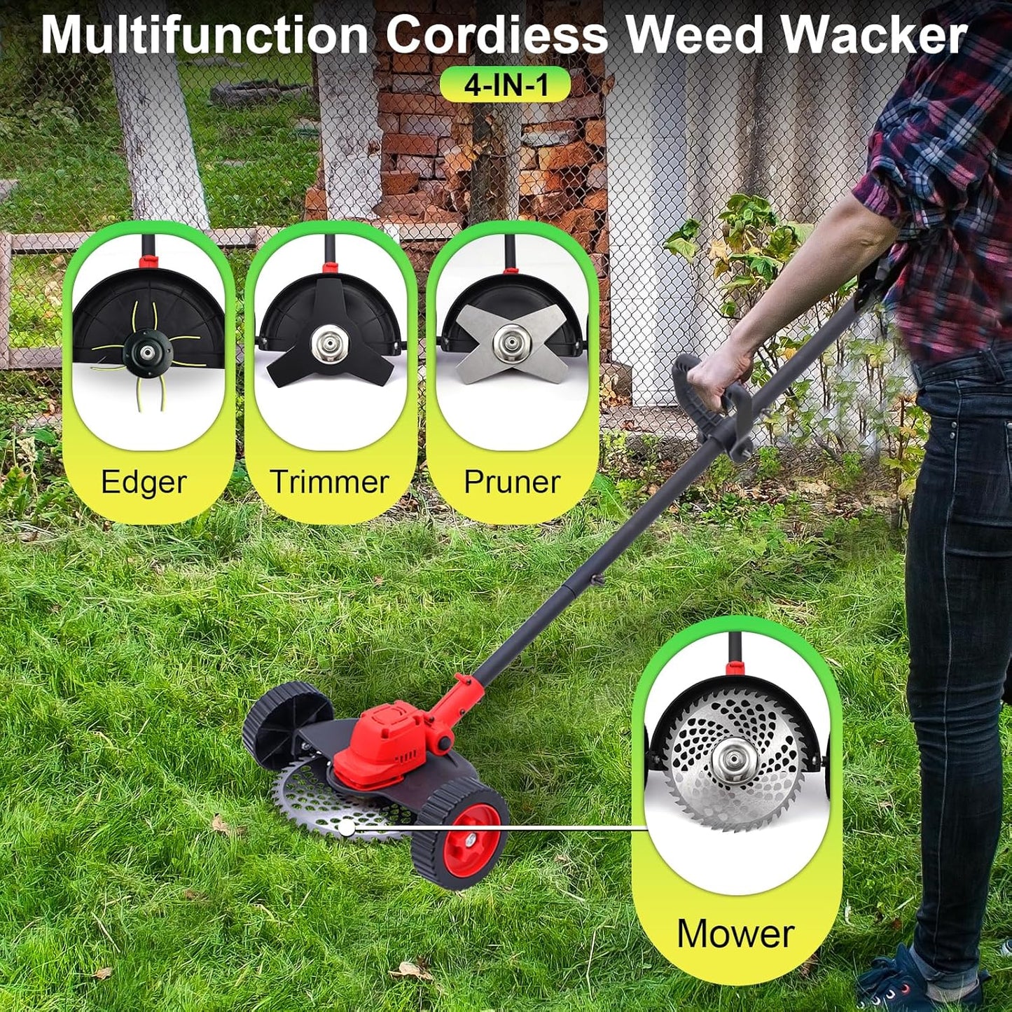 Electric Weed Wacker Cordless Weed Eater Battery Powered, 21V Stringless Grass Trimmer/Edger/Brush Cutter/Lawn Mower, 2 Battery with Wheel & Blades for Yard Garden