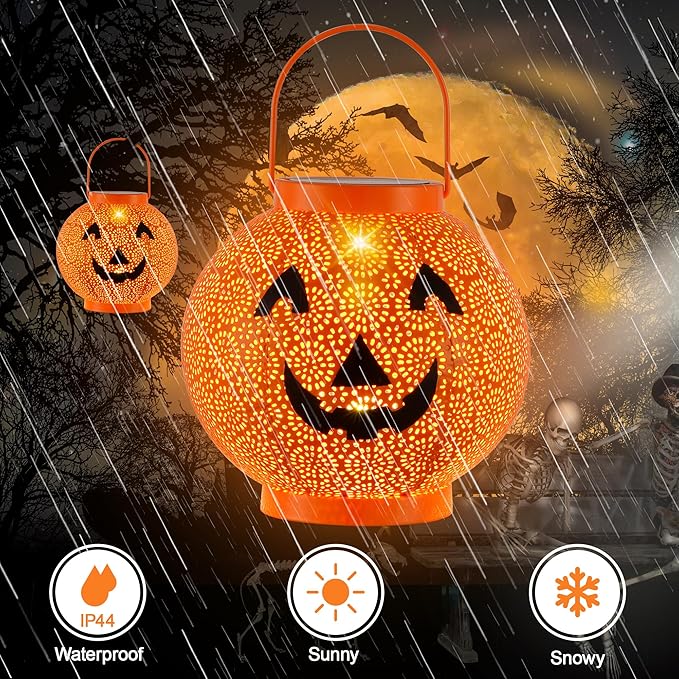 Halloween Decoration Hanging Solar Lantern Outdoor - Solar Powered Pumpkin Led Jack-O Lights, Waterproof Halloween Decor Metal Round Lantern for Yard, Patio, Pathway, Porch, Lawn, Garden, Outside