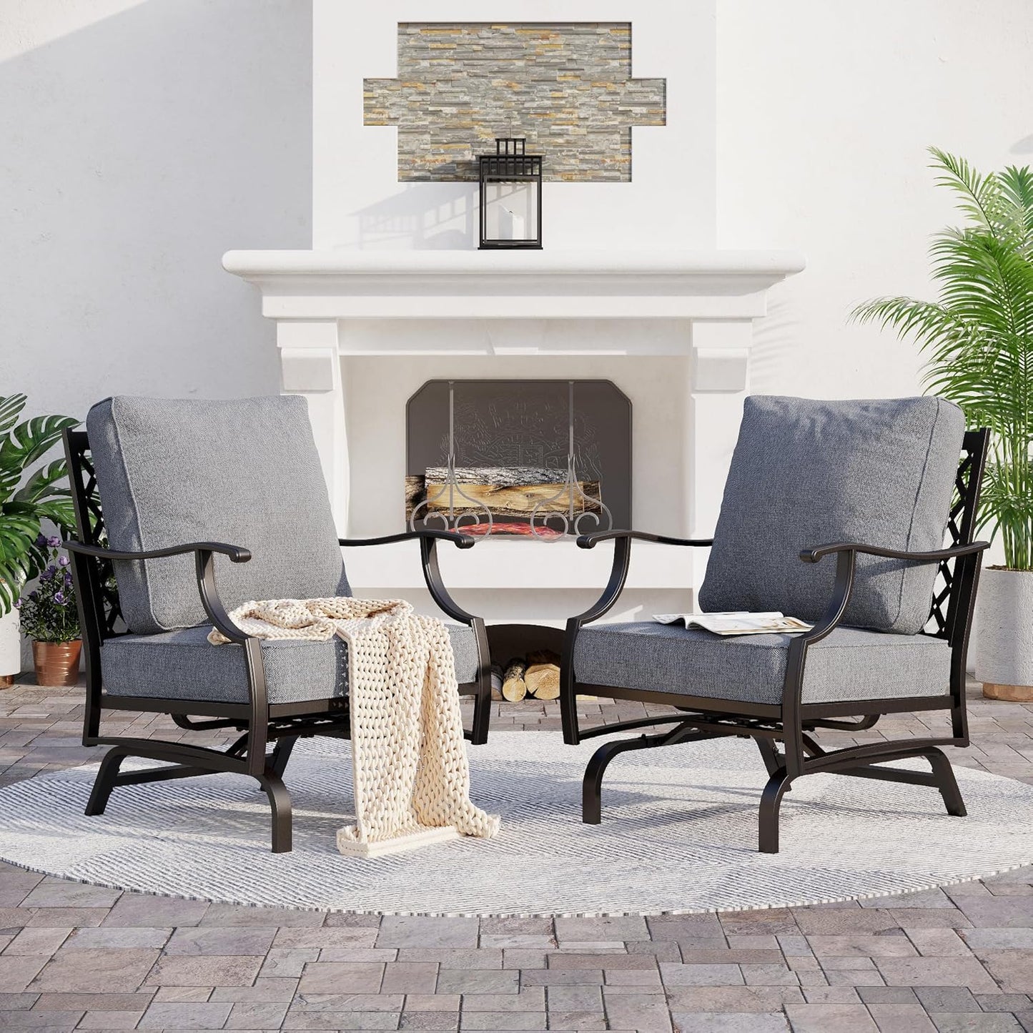 Metal Outdoor Rocker Patio Chairs Set of 2 with 5.75" Extra Thick Cushion, 2 Piece High Back Rocker Patio Chairs All Weather Outdoor Furniture Seating for Deck Balcony Porch, Gray