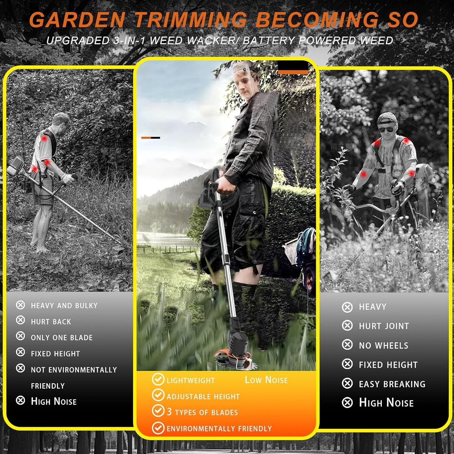 Electric Weed Wacker Lightweight 21V with 2 Li-ion Batteries Cordless Weed Wacker 1 Charger and 16 Blades, for Yard, Lawn, Garden, Shrub Trimming (Black)