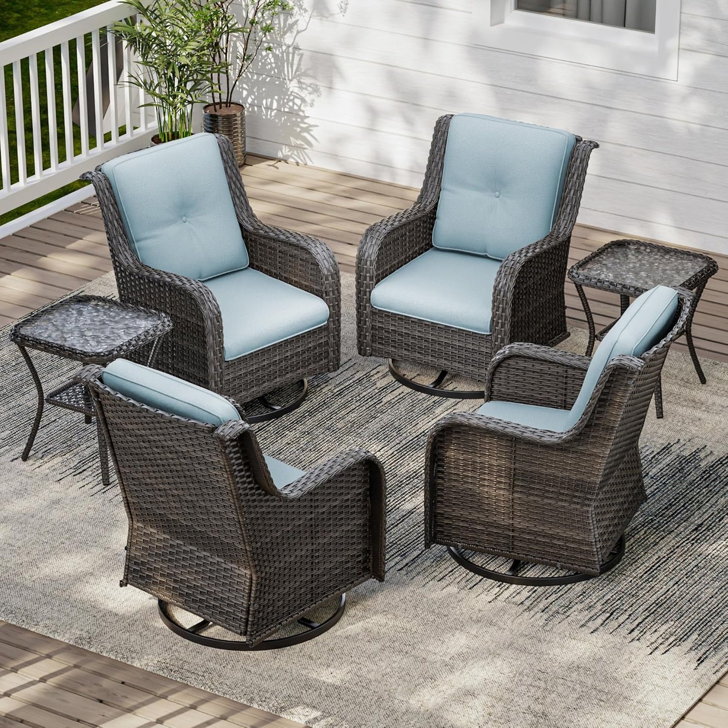6 Pieces Outdoor Furniture Set - Patio Wicker Swivel Rocker Chair Set of 4 and 2 Side Table, Light Blue, Mixed Brown Rattan, Suitable for Porch, Yard