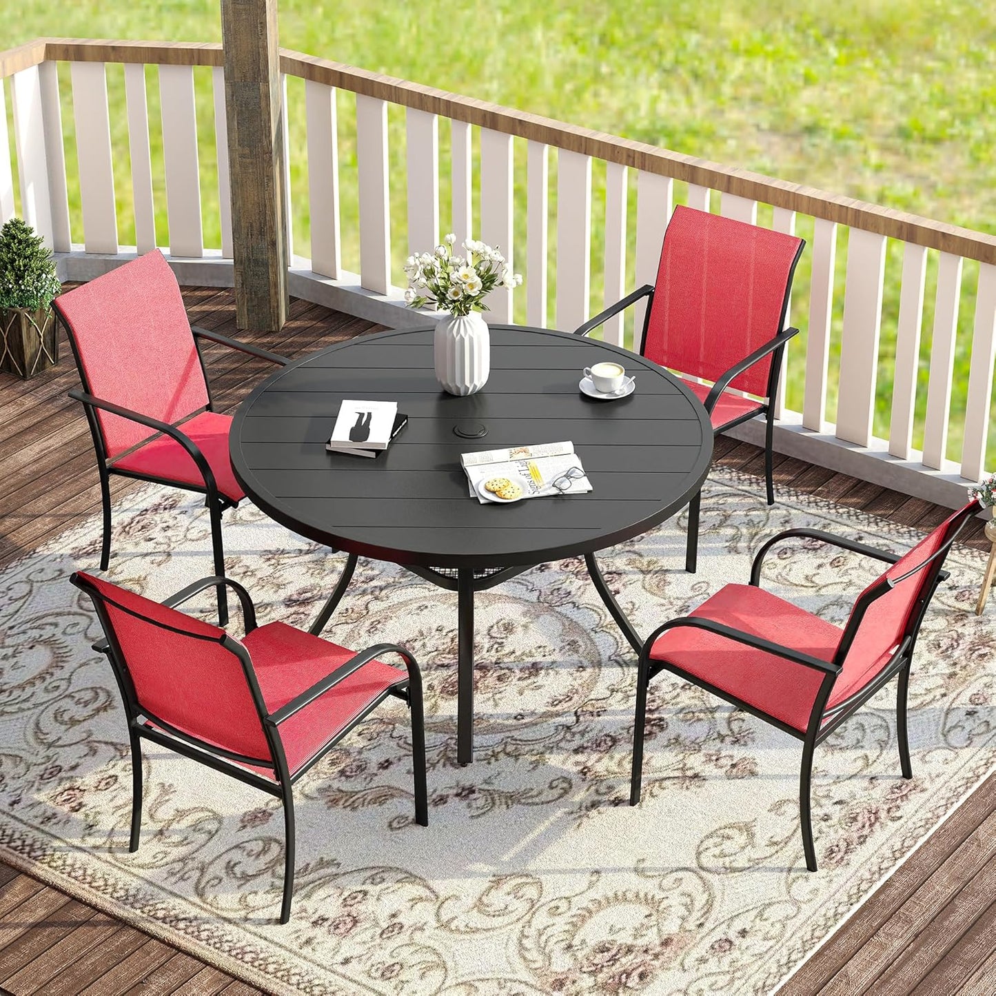 VICLLAX 5 Pieces Patio Dining Set for 4, Outdoor Furniture Set Includes 40.7" Round Patio Table and 4 Patio Stackable Chairs, Black Tabletop and Red Fabric