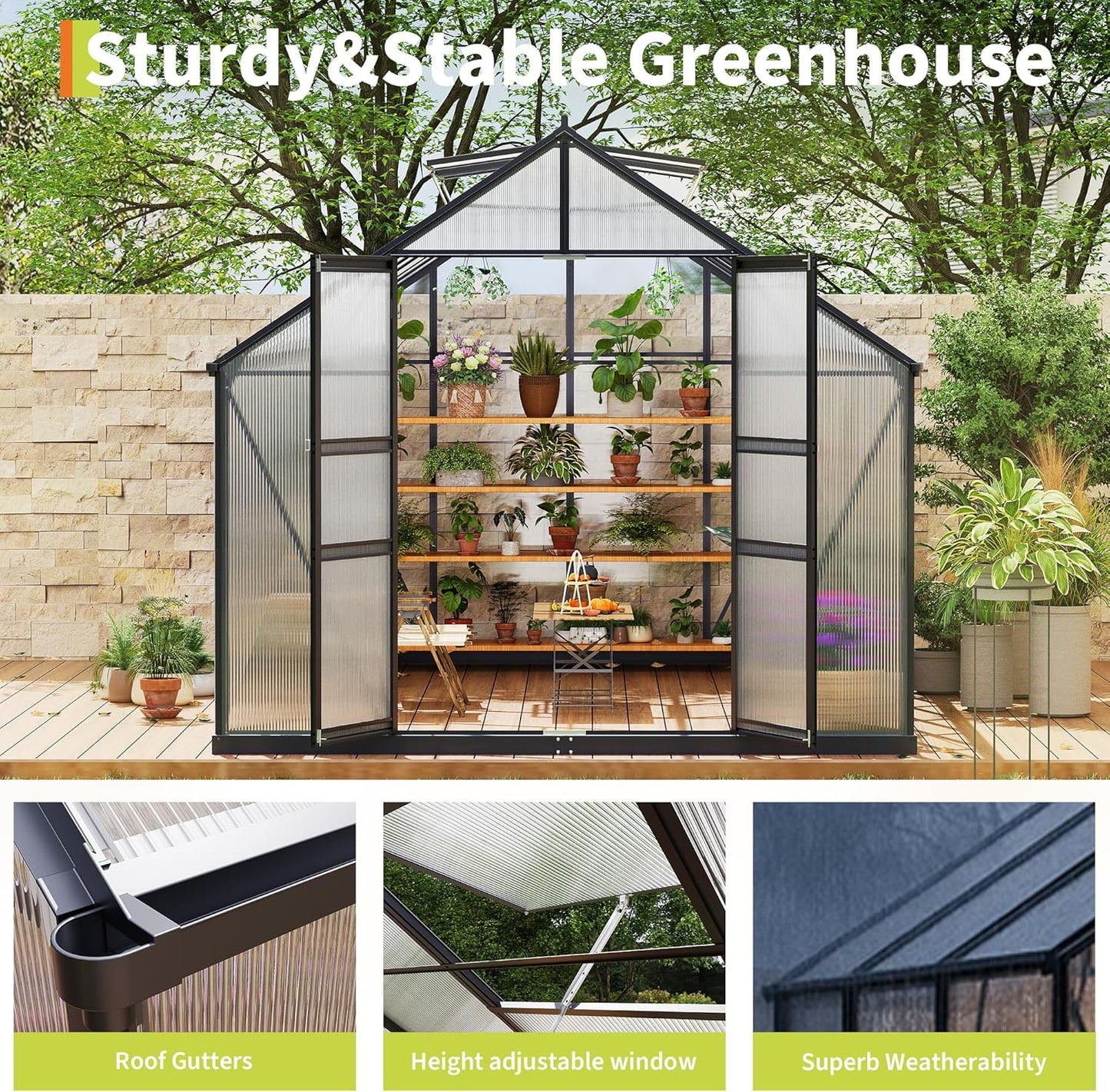 8*14 FT Outdoor Walk-in Greenhouse, Polycarbonate Green House, Heavy Duty Greenhouse with Vented Roof Window, Windproof Aluminum Frame, Suitable for Outside Gardening, Backyard, Patio