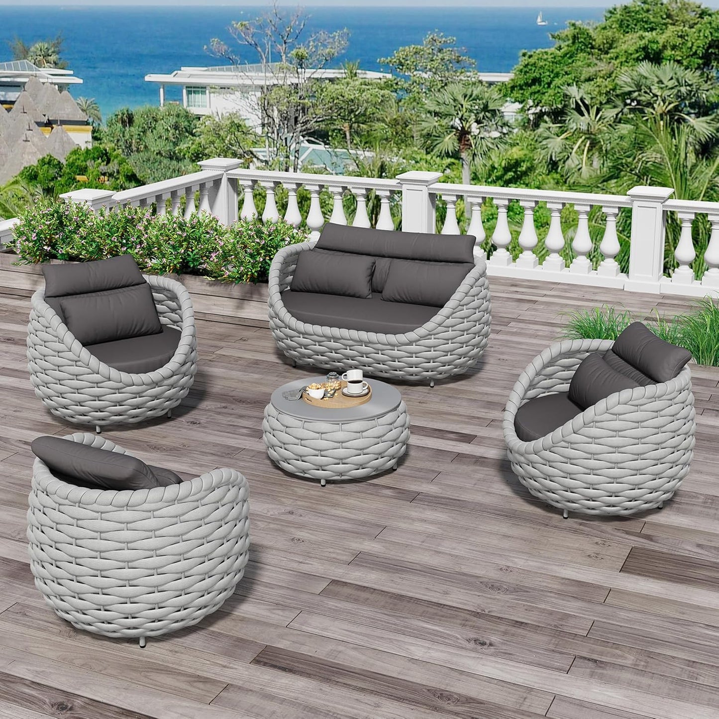Fully Assembled Patio Furniture Set: 5-Piece Woven Rope Outdoor Conversation Set Cushioned - Modern Metal Deck Loveseat Chair Table Set - Porch Seating for Courtyard Garden Poolside Hotel Resort