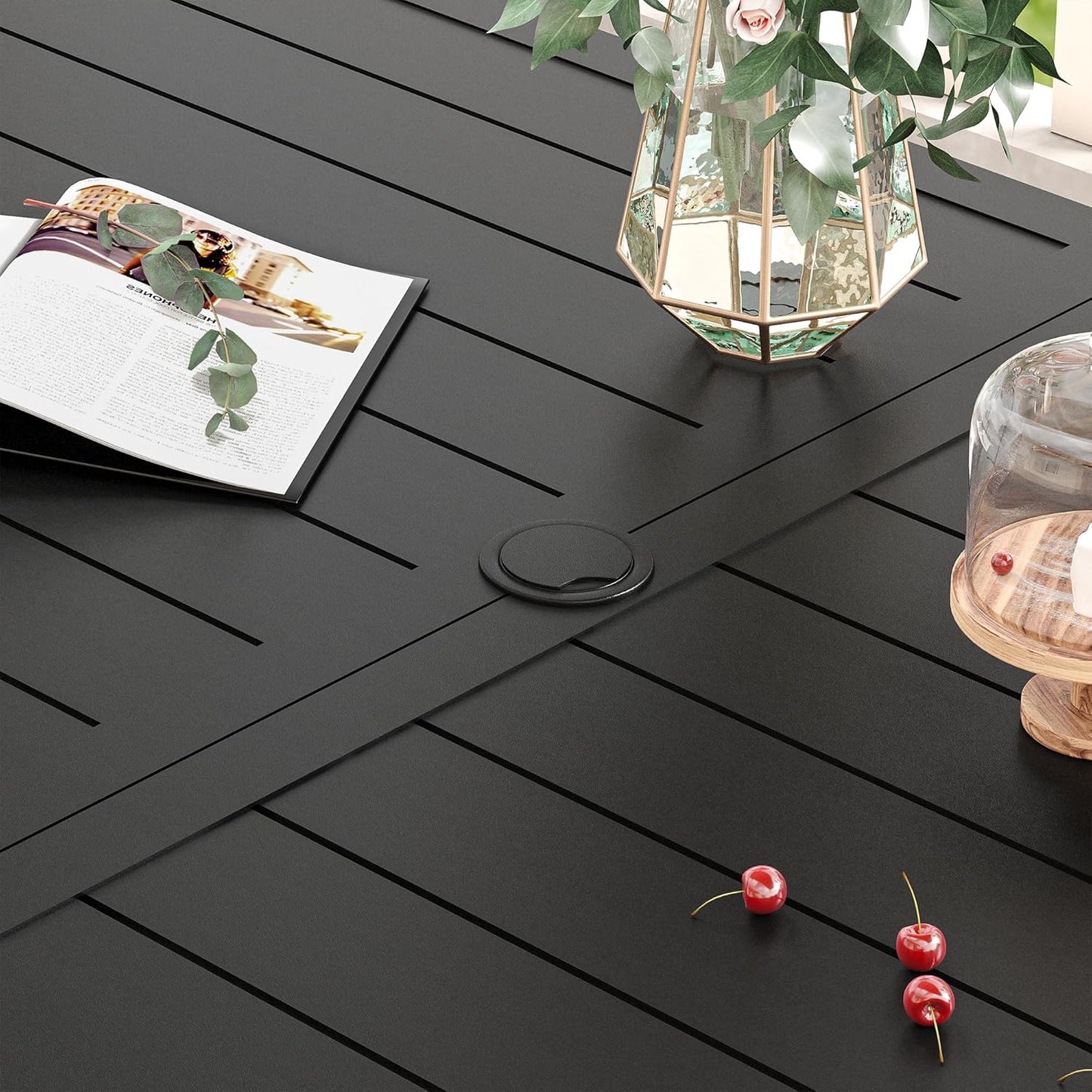 VICLLAX 7 Pieces Patio Dining Set for 6, Outdoor Furniture Set Includes 59" Rectangle Outdoor Table and 6 Stackable Patio Sling Chairs, Black Tabletop and Grey Fabric