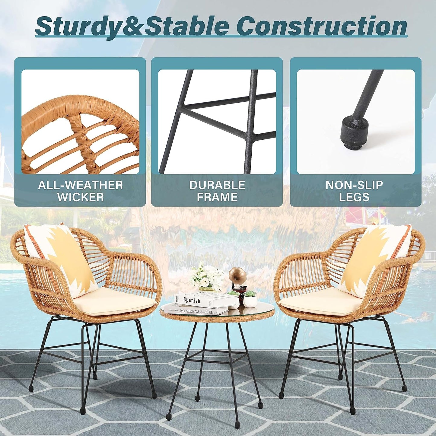 3 Piece Patio Set,Outdoor Bistro Set,Balcony Furniture,Wicker Patio Chairs,Front Porch Furniture,Outdoor Chairs Set of 2