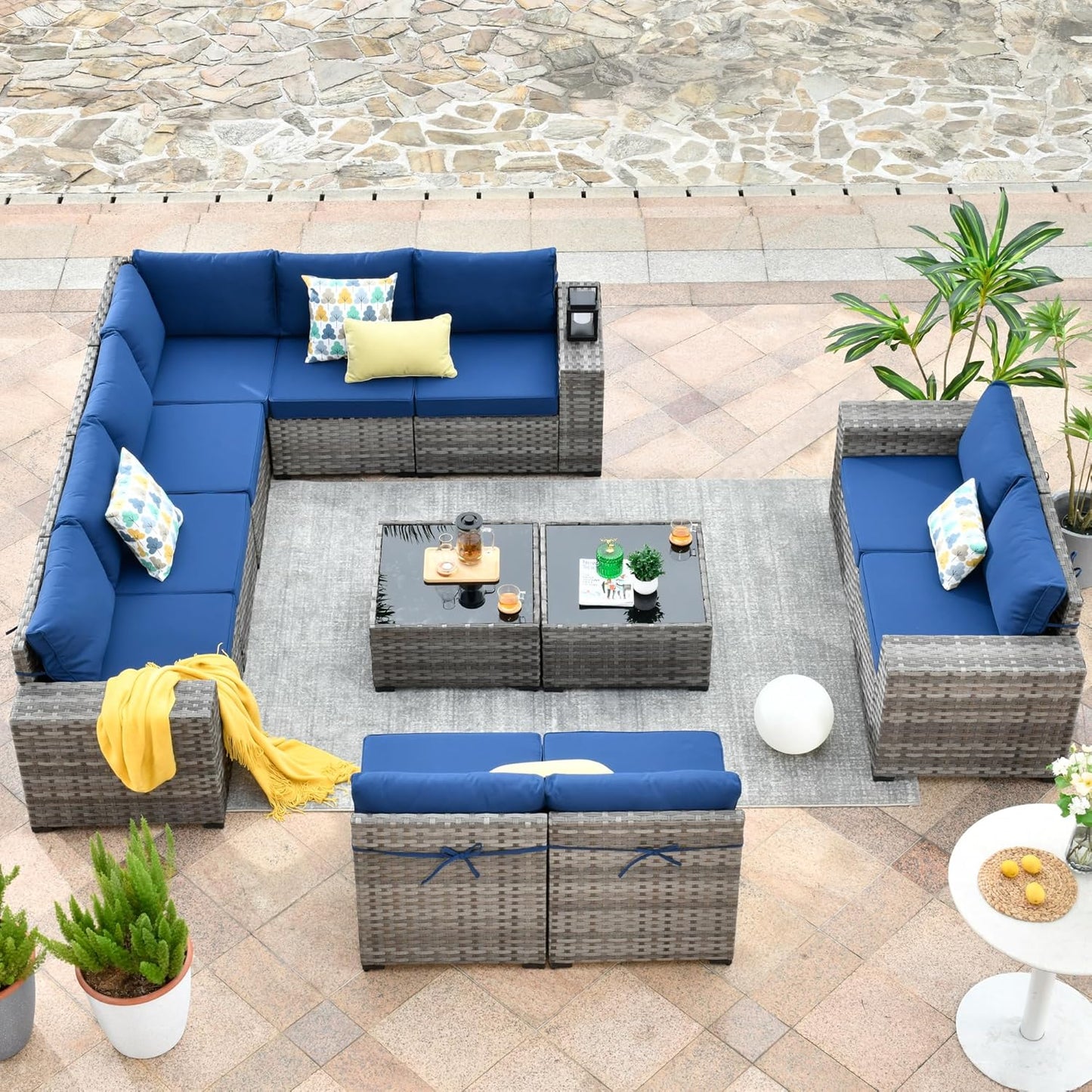 HOOOWOOO 12 Piece Modular Patio Outdoor Sectional Furniture Sofa Set,Wicker Conversation Set,Out Door Couch Set with Wide Arm for Outside All Weather(Navy Blue)