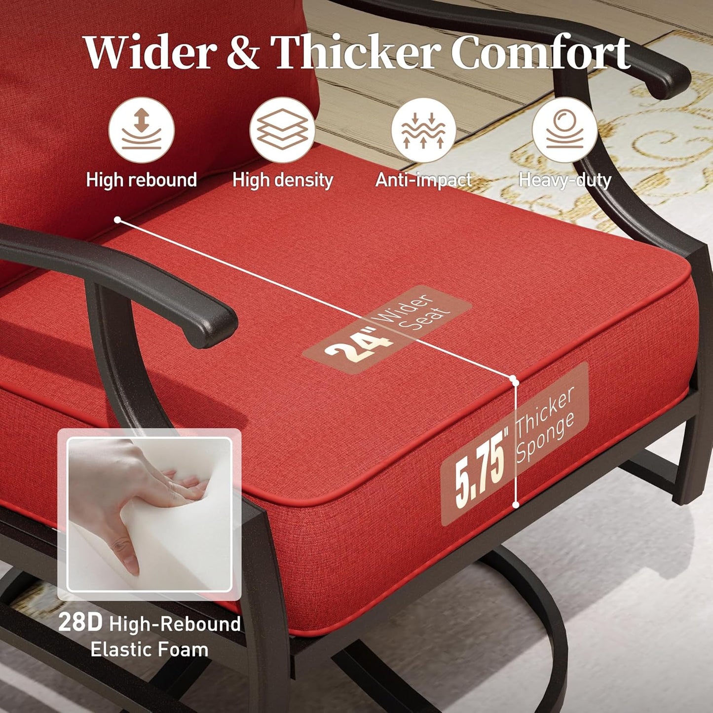 Metal Outdoor Rocker Patio Chairs Set of 2 with 5.75" Extra Thick Cushion, 2 Piece High Back Rocker Patio Chairs All Weather Outdoor Furniture Seating for Deck Balcony Porch, Red