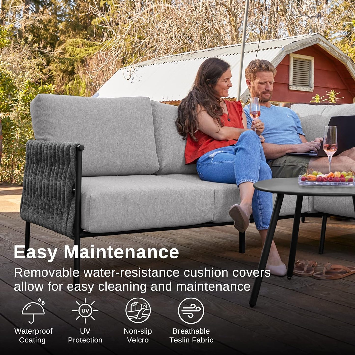 EAST OAK Life Chatter Patio Furniture Set, Outdoor Furniture Sectional Sofa Set with Round Coffee Table, 4 Seats Sofa Deep Seating with Thick & Washable Cushions, Earth Black & Misty Grey