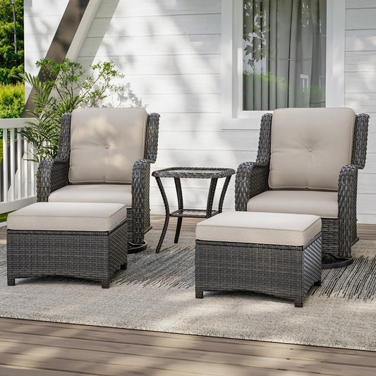 5 Piece Outdoor Patio Furniture Set Wicker Conversation Set Swivel Rocking Chairs with Side Table and Ottomans for Backyard, Porch, Deck, Beige