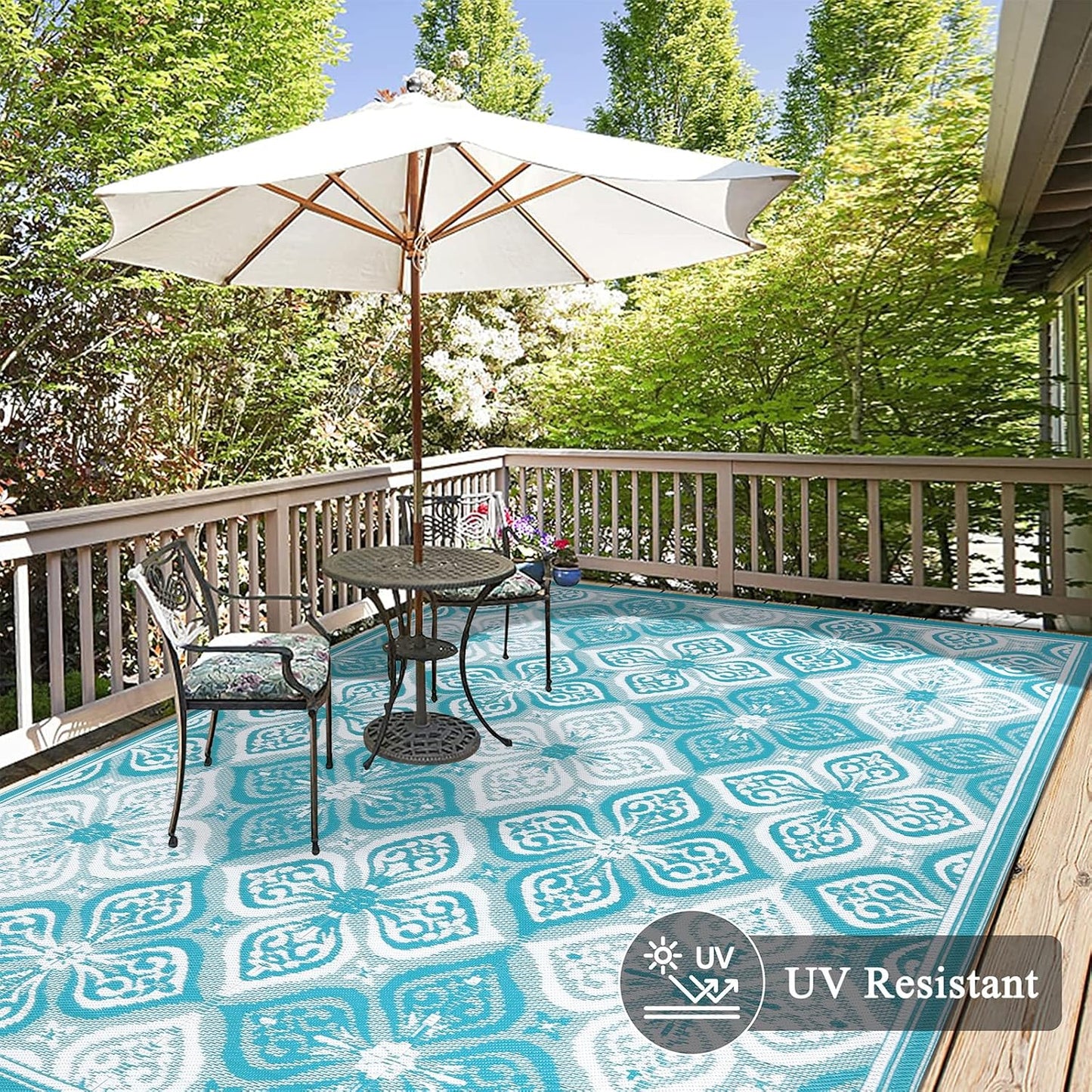 Pauwer Waterproof Outdoor Rug 8x10, Reversible Plastic Straw Patio Camping Rug, Indoor Outdoor RV Mat Carpet for Deck, Camper, Porch, Balcony, Backyard, Picnic, Clover Teal