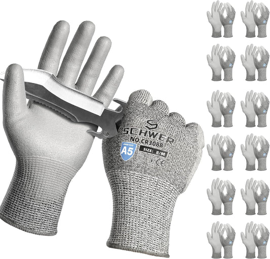 Schwer 240 Pairs ANSI A5 Cut Resistant Work Gloves, Cut Proof Gloves with PU Coating, Used for Metal Fabrication, WoodWorking, Construction, Non Slip, Durable, M, CR3088