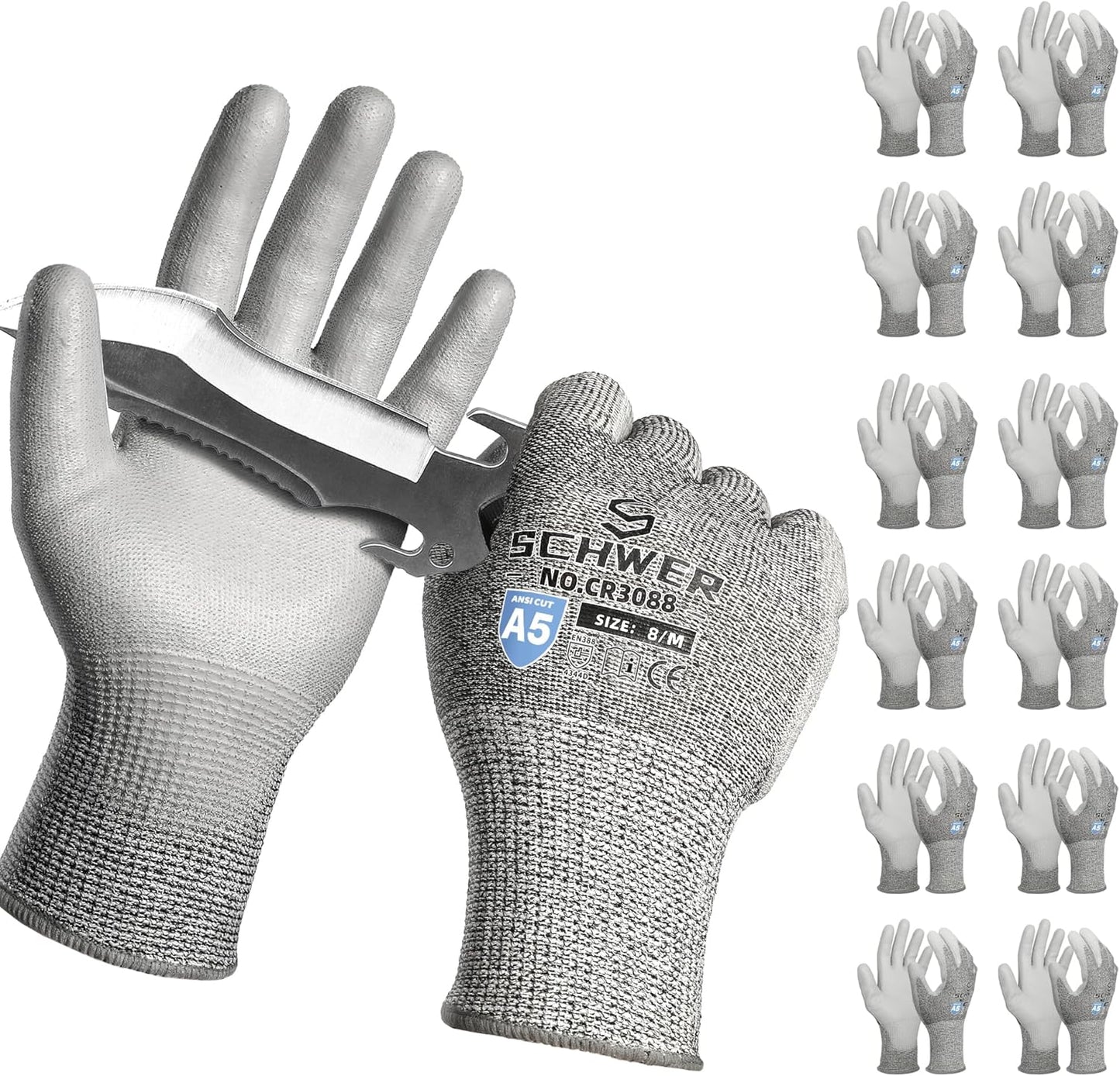 Schwer 12 Pairs ANSI A5 Cut Resistant Work Gloves, Cut Proof Gloves with PU Coating, Used for Metal Fabrication, WoodWorking, Construction, Non Slip, Durable, M, CR3088