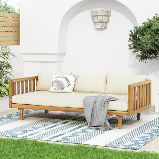 Christopher Knight Home Claremont Outdoor 3 Seater Acacia Wood Daybed with Fabric Water Resistant and Removable Cushions, Patio Garden Poolside Sofa with Slat Paneling Armrest and Back, Teak and Beige