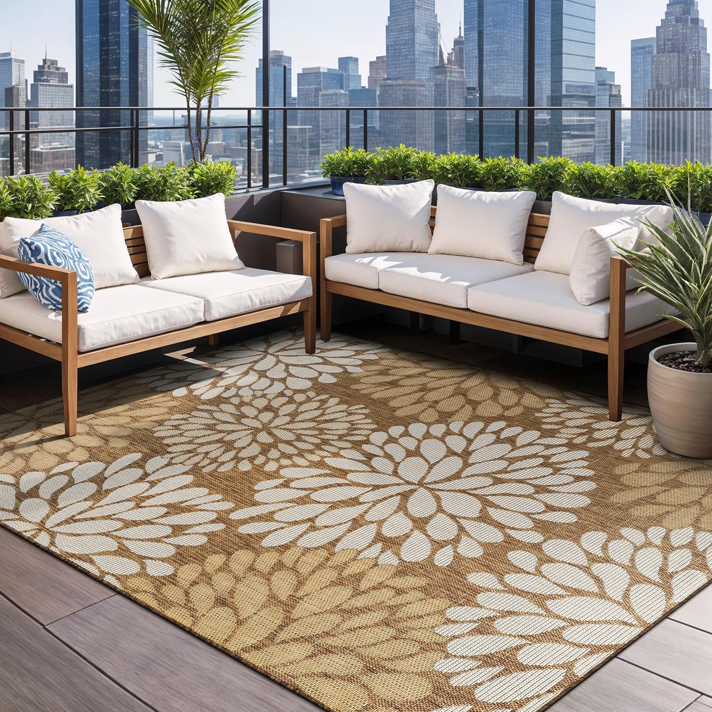 Beverly Rug Outdoor Rug 9x12 Modern Exotic Tropical Leaf Area Rugs for Indoor and Outdoor Patio Deck Porch Garden Water Resistant Washable Outside Carpet (9 x 12 Wooden)