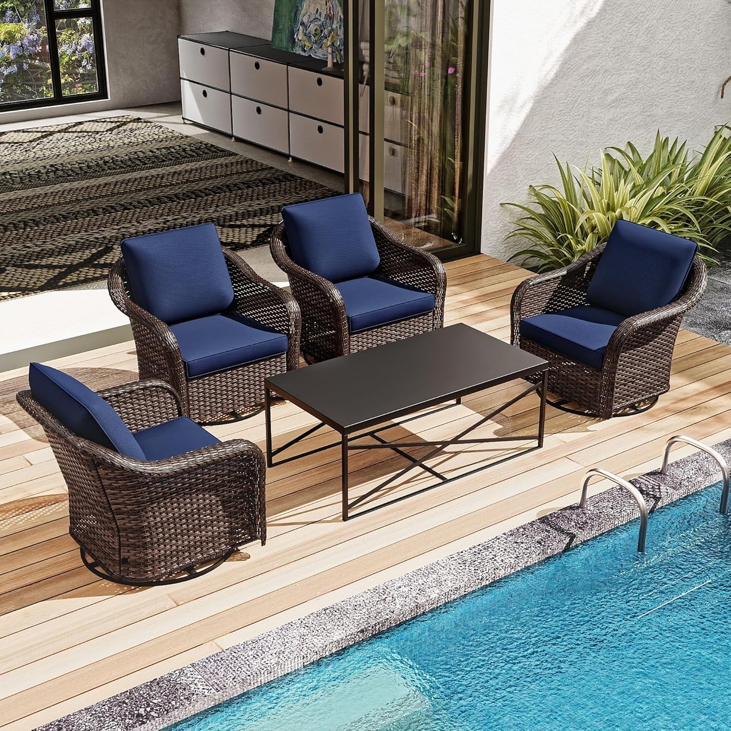 5 Pieces Outdoor Patio Conversation Furniture Set, 4 Pieces Rattan Glider 360 Degree Swivel Rocker Chairs with Removable Cushions, Coffee Table for Porch, Poolside (Navy Blue)