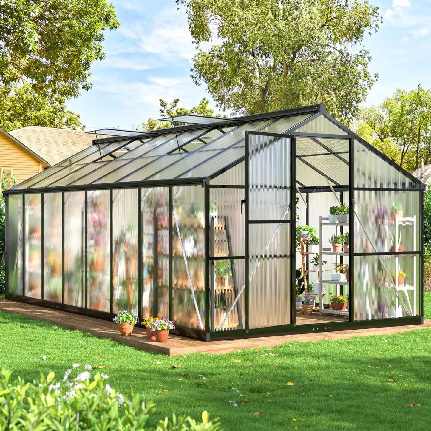 WKM 8x16 FT Greenhouse for Outdoors, Polycarbonate Greenhouse with Roof Vent and Quick Setup Structure, Aluminum Greenhouse for Garden Backyard, Black