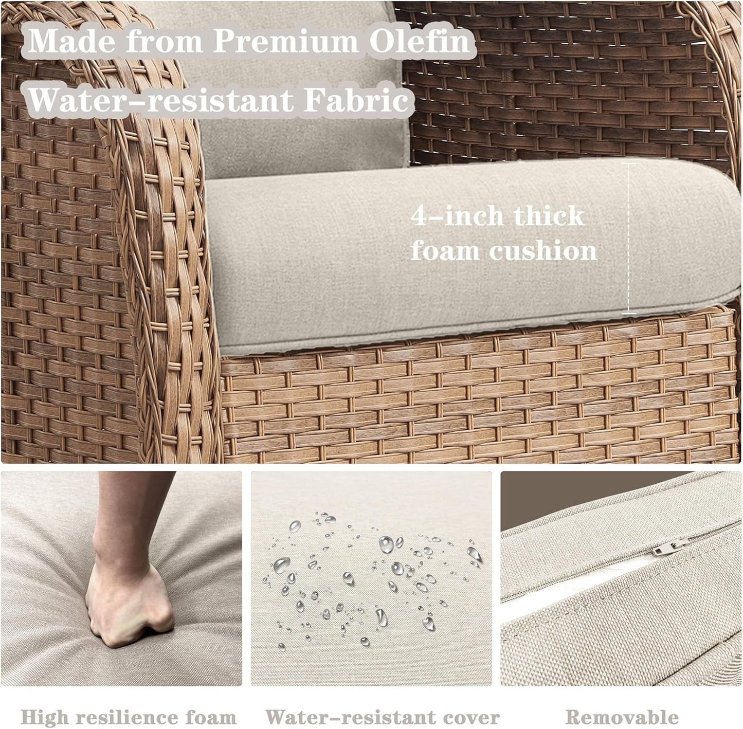 Wicker Outdoor Furniture Patio Furniture Set - 6 Piece Patio Conversation Set with Swivel Rocker Chairs, Rattan Sofa, Ottomans and Coffee Table, Beige Cushion